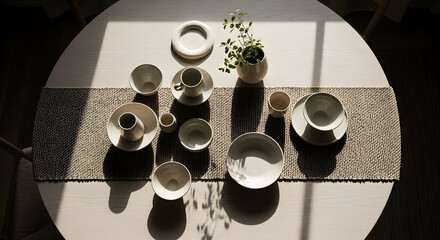 Elegant Table Setting Featuring Pottery and Sunlight, Offering a Minimalist Atmosphere