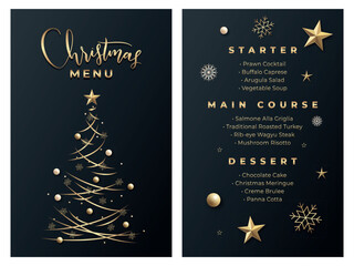 Vector christmas menu template for restaurant on the dark background with golden text and elements. Merry christmas menu printable template