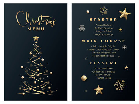 Vector christmas menu template for restaurant on the dark background with golden text and elements. Merry christmas menu printable template	
