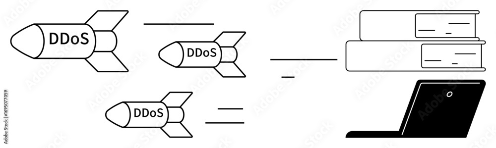 Poster three rockets labeled ddos heading toward a server stack and laptop. ideal for cybersecurity, digita