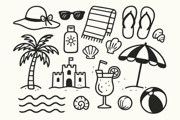 Beach Vacation Doodles. Beach vacation doodle icon set: hand drawn icons of sunhat, sunglasses, beach towel, sunscreen, flip flops