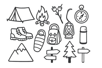 Fototapeta premium Camping Doodle Icons. Children’s card making doodle set: hand drawn icons for blank cards, markers, cut-out hearts, glue dots, and