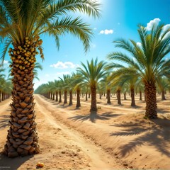 Obraz premium Golden Date Palms Grow Under Bright Sunny Skies in Orchard