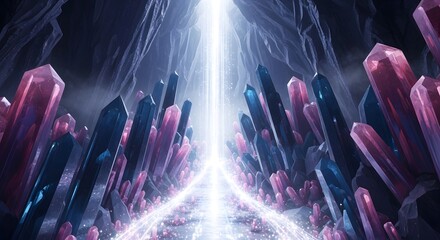 A luminous crystal cave with towering purple and blue formations leading to a bright light source above