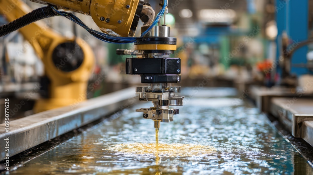 Poster Medium shot showing robotic gripper carefully sampling pulp slurry with precision sensors background machinery and operators out of focus.