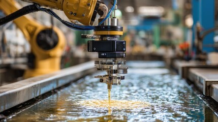 Medium shot showing robotic gripper carefully sampling pulp slurry with precision sensors background machinery and operators out of focus.