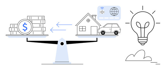 Balance scale with coins on one side and assets thumbs up house, car, and technology on the other. Arrows indicate exchange. Lightbulb symbolizes creative solutions. Ideal for finance, investment