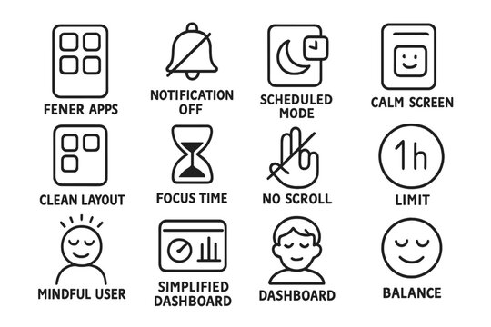 Digital Minimalism Icons. Digital minimalism doodle icon set: hand drawn icons of fewer apps, notification off, scheduled mode,