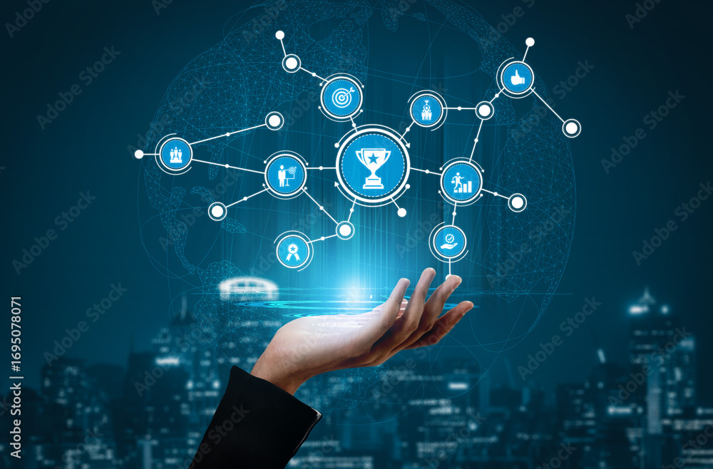 Poster a hand reaching towards a virtual network of icons symbolizing achievement and connection against a 