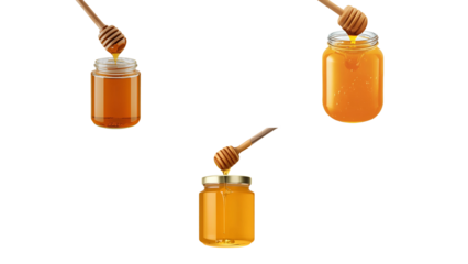 Sweet golden honey in glass jars with wooden dippers.