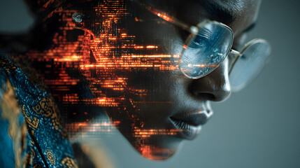 AI cyber security threat illustration, female africa american IT specialist anlysing futuristic holograpic data information. Augmeted reality artificial intlligence collage, side proil