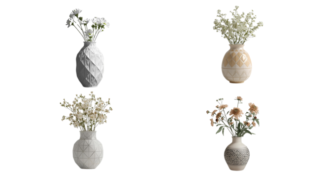 Set of Decorative Vases with Blooming Flowers, Elegant Home Decor.
