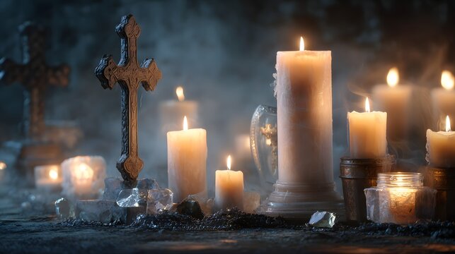 All Souls Day,All Saints Day Backdrop. Lit Candles, Gloomy Concept And Creative Background