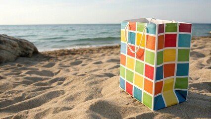 Naklejka premium Colorful paper lantern stands tall on a sandy beach beside the ocean