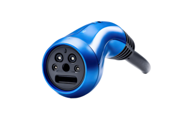 Close-up of a glossy, blue electric vehicle charging connector.  Features a curved body, circular base, and multiple contact points