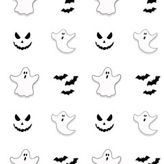 Seamless pattern with Halloween ghosts, faces and bats