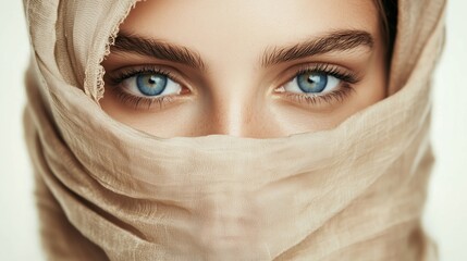 Fototapeta premium Captivating blue eyes of a woman partially covered by a soft scarf in a natural light setting