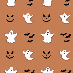 Seamless pattern with Halloween ghosts, faces and bats