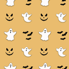 Seamless pattern with Halloween ghosts, faces and bats