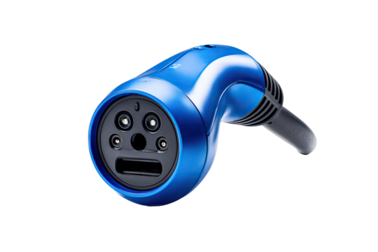 Close-up of a glossy, blue electric vehicle charging connector.  Features a curved body, circular base, and multiple contact points