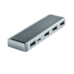 Silver USB hub connecting devices on grey background
