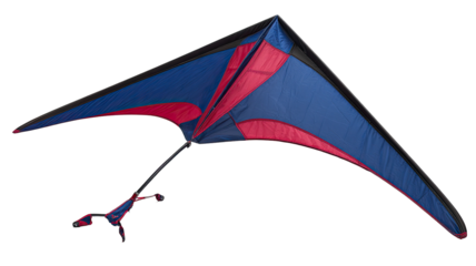 A colorful,  angled  kite,  dark  blue  and  red