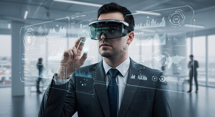 Man in suit using augmented reality headset with data overlay in modern office environment showing graphs