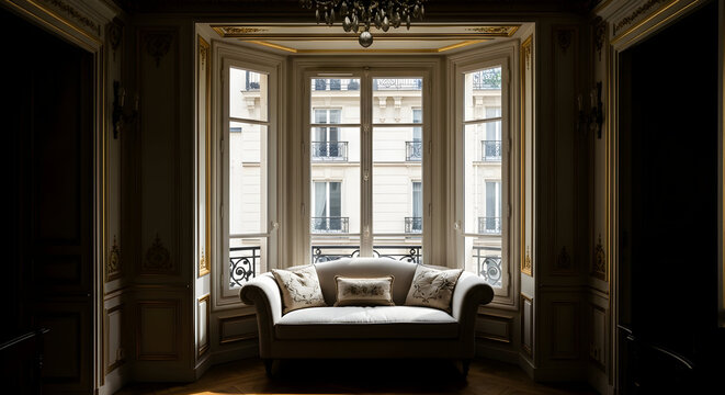Elegant Room With A Sofa And A Serene View, Capturing Luxury And Sophistication