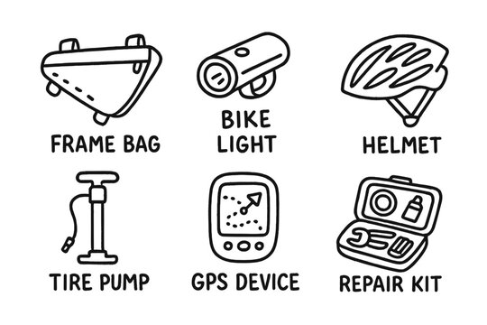 Bikepacking Gear Doodles. Bikepacking essentials: hand drawn doodles of frame bag, bike light, tire pump, GPS device, repair kit,