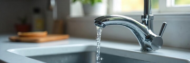 Close-up view of a modern kitchen sink faucet, gleaming chrome finish, water droplets clinging to the spout, clean and minimalist design ,  water tap,  shine