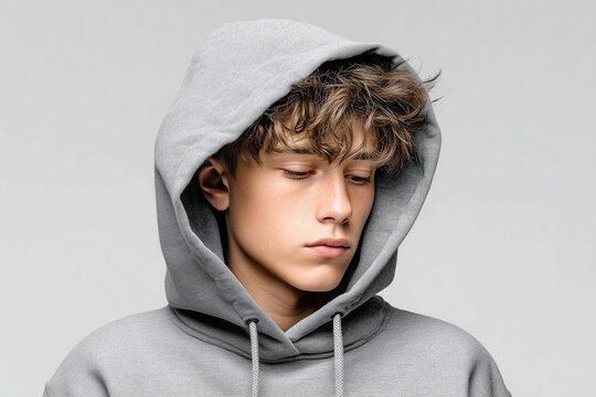 Teenage boy with curly hair wearing gray hoodie looking down with serious expression, isolated on light background, moody and emotional portrait representing youth and introspection