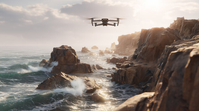 Drone flying above rocky seashore with ocean waves at sunset 
