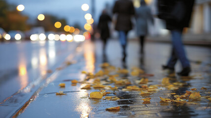 people walking along wet autumn street covered with fallen maple leaves