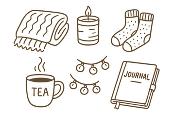 Cozy Desk Essentials. Cozy desk vibes: hand drawn doodles of soft blanket, candle, warm socks, tea mug, string lights, and journal