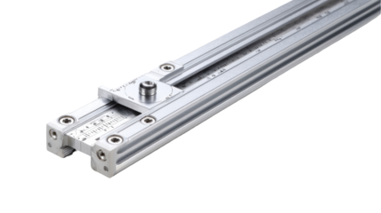 Close-up of a precision linear motion system.  A light gray/silver aluminum track with a clamping mechanism and adjustment components.  Components appear highly engineered for precision