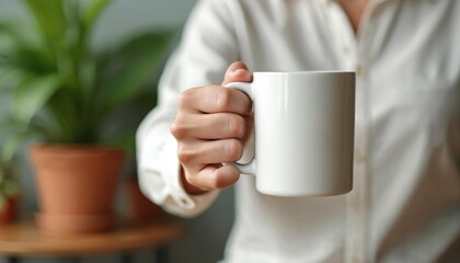 Man holds white coffee mug, plain for print on demand mockup. Business, office background with blurred plant. Casual button down shirt, smiling, relaxed. Businessperson enjoys refreshment, coffee
