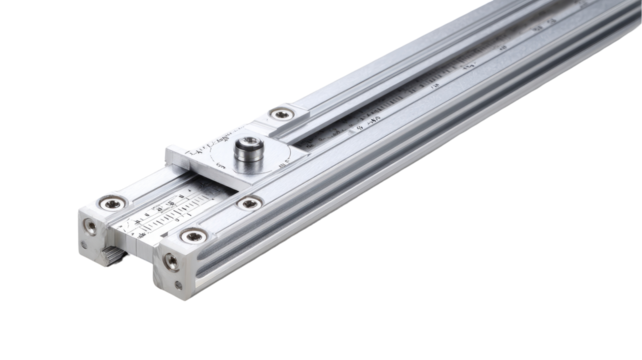 Close-up of a precision linear motion system.  A light gray/silver aluminum track with a clamping mechanism and adjustment components.  Components appear highly engineered for precision