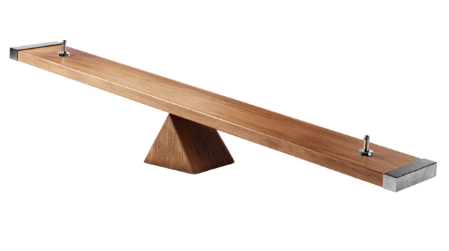 A wooden seesaw with a triangular base.  The seesaw's plank is long and rectangular, supported by a pyramid-shaped base.  Metal accents are present on the ends of the plank and the base