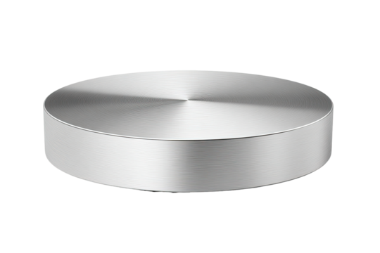 Circular, metallic disc.  Smooth, reflective surface.  Uniform thickness.  Light gray/silver color.  Simple, minimalist design