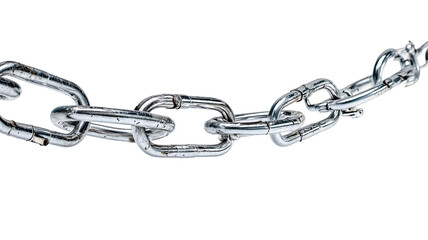 Obraz premium Close-up of a section of a metal chain. Links are interconnected, showing a slight wear or corrosion. Chain curves horizontally