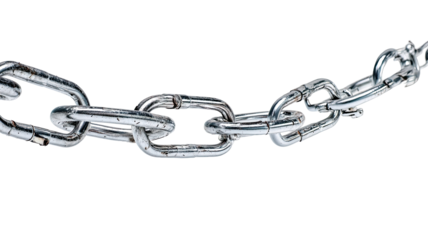 Close-up of a section of a metal chain.  Links are interconnected, showing a slight wear or corrosion.  Chain curves horizontally