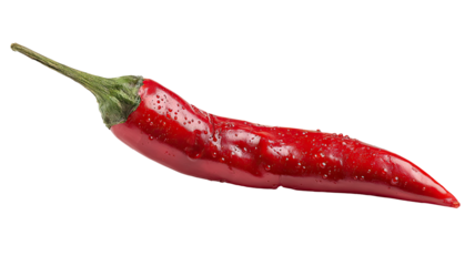Close-up of a single, whole chili pepper.  Deep red, glossy skin with subtle texture.  Slim, pointed end, and a slightly curved shape.  Dark background