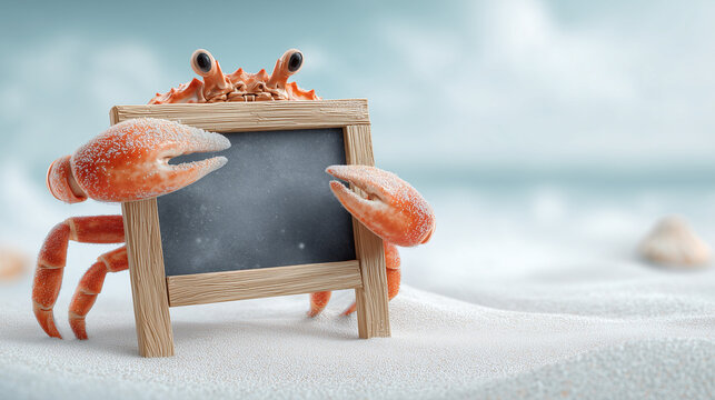 Crab Holding Blank Chalkboard on Sandy Beach
