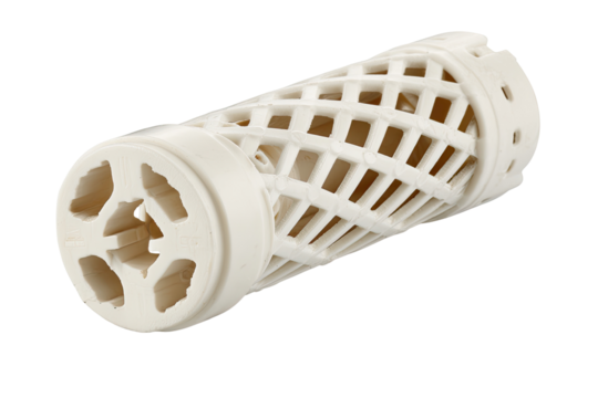 White 3D-printed cylindrical part, studio shot, textured background, industrial design