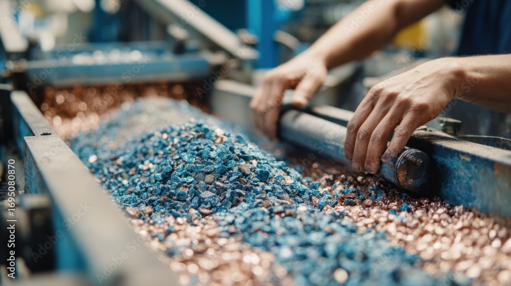 Poster closeup of hands operating a magnetic separator to isolate nonferrous metals with focused machinery 