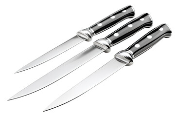 Obraz premium Three chef's knives, varying in size, with sleek, black handles and sharp, stainless steel blades
