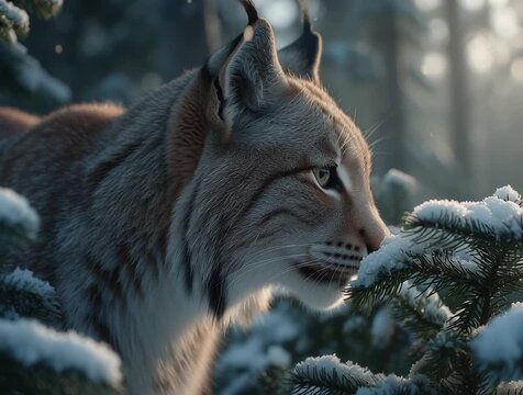 Stealthy Lynx Waiting Quietly in the Snowy Woods