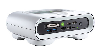 Compact, white computer box with ports