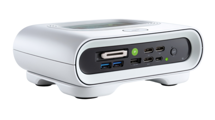 Compact, white computer box with ports