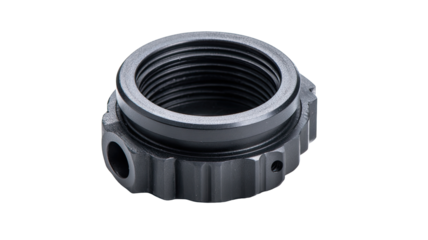 Precision machined nut, black, studio shot, industrial background, engineering